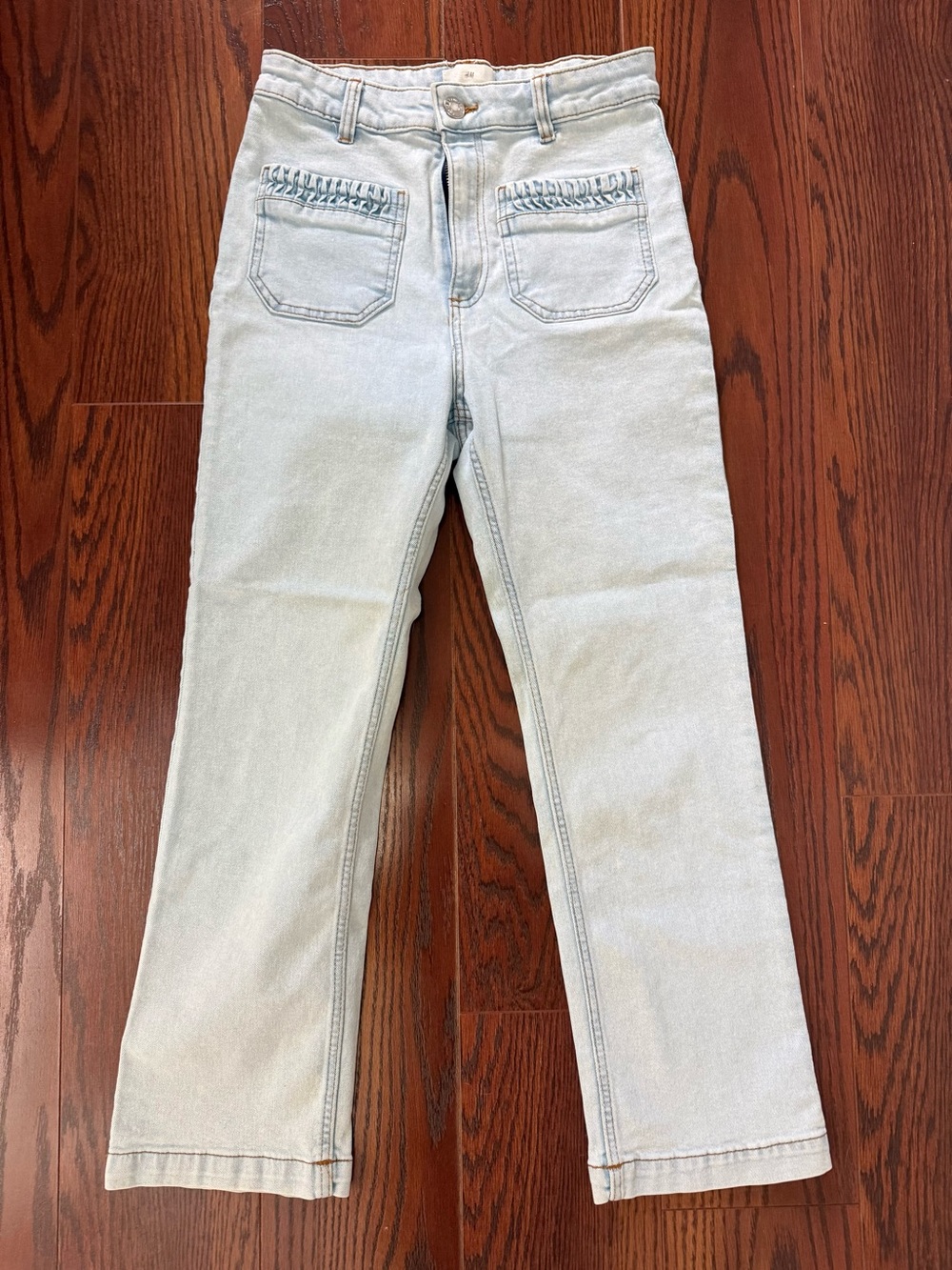 H&M Jeans Women’s Cropped Light Wash High Rise Straight Leg Ruched Pocket, 8